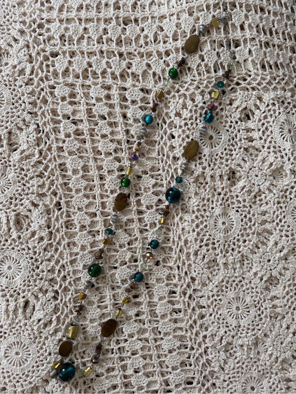 Long Green Beaded Women’s Necklace - Multi-Green Accent metal adjustable